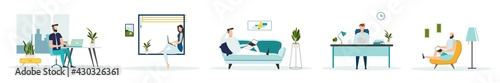Working at home. Coworking space. Concept illustration. Young people, man and woman freelancers working on laptops and computers at home. People at home in quarantine. Vector flat style illustration.