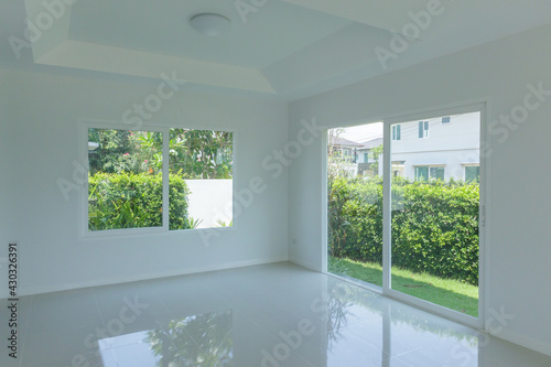 Empty room with glass window frame house interior on concrete wall