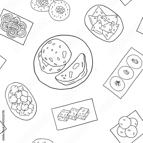 Indian cuisine transparent seamless pattern. Design sketch element for menu cafe, bistro, restaurant, bakery, packaging and other things.  Vector illustration.