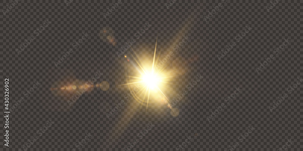 Abstract transparent sunlight special lens flare light effect. Vector blur in motion glow glare. Isolated transparent background. Decor element. Horizontal star burst rays and spotlight.