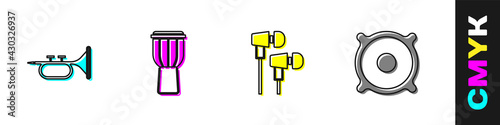 Set Trumpet, Drum, Air headphones and Stereo speaker icon. Vector