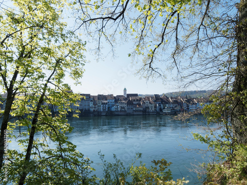 Vue sur la ville historique de Rheinfelden en Suisse depuis le circuit de promenade le long des berges en Allemagne © Marc