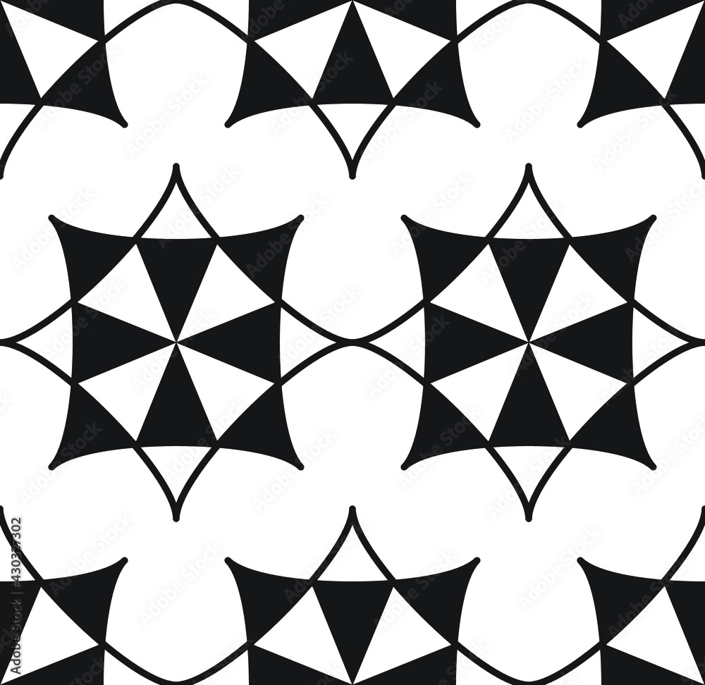 Star and cross curved diamond repeat pattern in black and white, geometric vector illustration