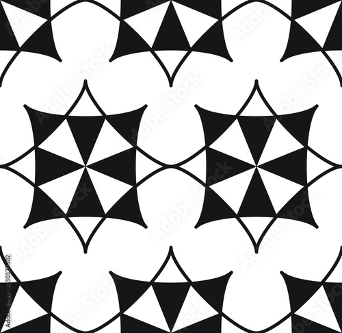 Star and cross curved diamond repeat pattern in black and white, geometric vector illustration