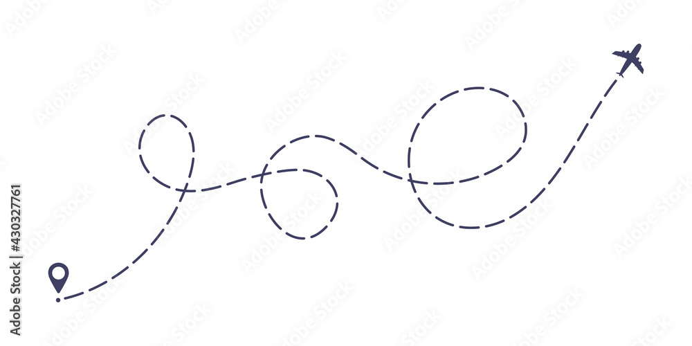 Airplane dashed line path flat style design vector illustration isolated on white background. The plane icon follow from start pin point to finish by dashed line. Airplane route trace flight air map. Airplane dashed line path flat style design vector illustration isolated on white background. The plane icon follow from start pin point to finish by dashed line. Airplane route trace flight air map.