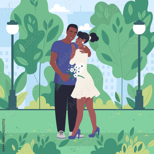 Young African American couple walking in a spring or summer city park on a date. Flat vector illustration.