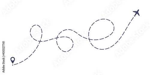 Airplane dashed line path flat style design vector illustration isolated on white background. The plane icon follow from start pin point to finish by dashed line. Airplane route trace flight air map.