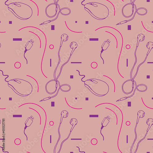Hand drawn headphones, usb, mouse And lines. Vector seamless pattern.