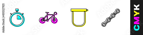 Set Stopwatch, Bicycle, lock and chain icon. Vector
