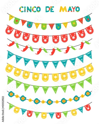 Cinco de Mayo celebration set of colored flags, garlands, bunting. Flat style, isolated on white background. Vector illustration, clip art