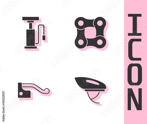 Set Bicycle helmet, air pump, brake and chain icon. Vector