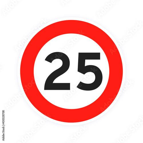 Speed limit 25 round road traffic icon sign flat style design vector illustration isolated on white background. Circle standard road sign with number 25 kmh.