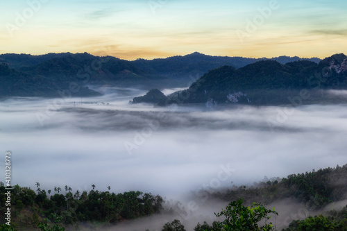 Beautiful views of mountains in the mist at sunrise time  Ranong
