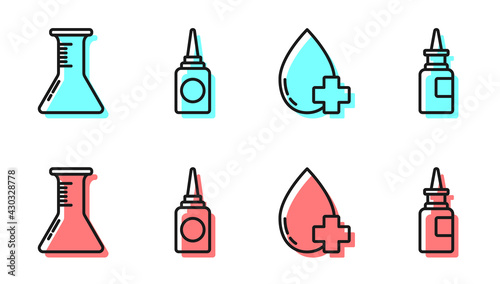Set line Donate drop blood with cross, Test tube and flask, Bottle nasal spray and Bottle nasal spray icon. Vector