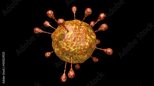 Mutating virus , cell. Viral variant . Receptor Spikes . 3d render illustration isolated on black background.Wide view photo