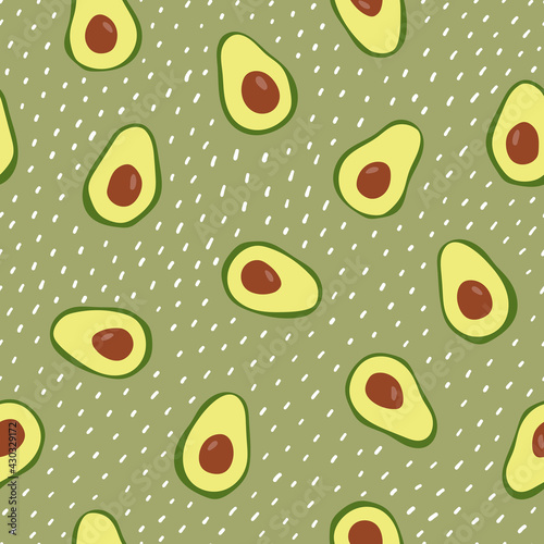 Seamless pattern with avocado on green background. Hand drawn texture for textile, print, packaging.