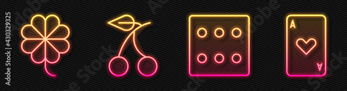 Set line Game dice, Casino slot machine with clover, Casino slot machine with cherry and Playing card with heart. Glowing neon icon. Vector