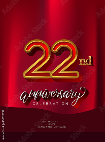 22nd Anniversary Invitation and Greeting Card Design  Golden and Silver Colored  Elegant Design  Isolated on Red Background. Vector illustration.