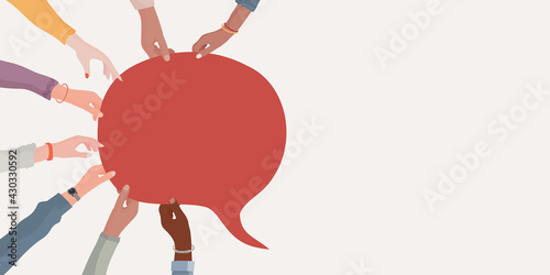 Agreement or affair between a group of colleagues or collaborators.Arms and hands holding speech bubble.Diversity People who exchange information.Concept of sharing.Community. Banner photo