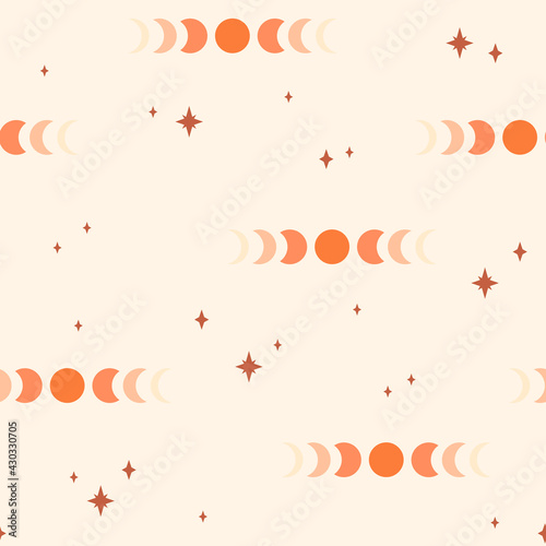 Seamless pattern with moon phases. Boho wall art. Trendy texture for print, textile, packaging.