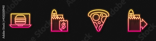 Set line Slice of pizza, Online ordering burger delivery, and and . Glowing neon icon. Vector