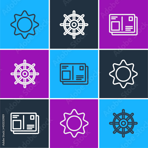 Set line Sun, Passport with visa stamp and Ship steering wheel icon. Vector