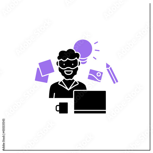 Designer glyph icon. Person creates tangible or intangible objects, products, processes,graphics and services. Career concept. Filled flat sign. Isolated silhouette vector illustration