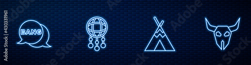 Set line Indian teepee or wigwam, Bang boom, gun Comic, Dream catcher with feathers and Buffalo skull. Glowing neon icon on brick wall. Vector