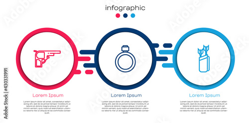 Set line Revolver gun, Canteen water bottle and Quiver with arrows. Business infographic template. Vector