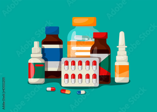 Medicine, pharmacy, hospital set of medicines with labels. The concept of medical subjects. Vector illustration in cartoon style.