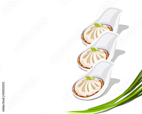 A raw set of xiao long bao or steamed dumpling bun in the spoon with spring onions decoration. Authentic vector asian food illustration on white background. 