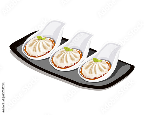 Isolated raw of xiao long bao or steamed dumpling bun in the spoon. Authentic vector asian food illustration on white background. 