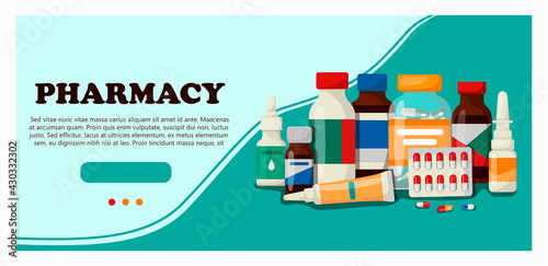 Medicine, pharmacy, hospital set of medicines with labels. Banner for a website with medical items. Vector illustration in cartoon style.