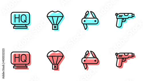 Set line Swiss army knife, Military headquarters, Box flying on parachute and Pistol or gun icon. Vector