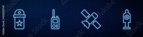 Set line Satellite, Chevron, Walkie talkie and Human target sport for shooting. Glowing neon icon on brick wall. Vector