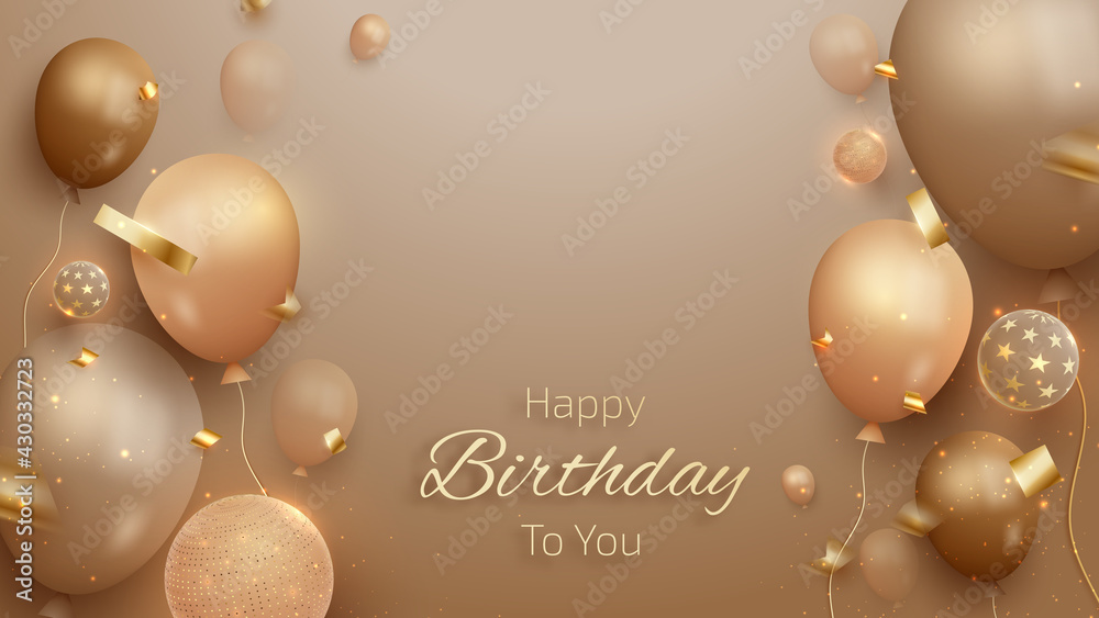 Elegant balloons and ribbon on brown shade. Birthday card background 3d