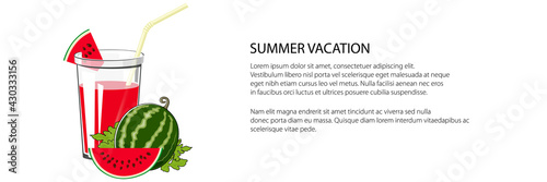 Glass of fresh berry fruit juice of watermelon and a straw , summer banner, refreshing drink with watermelon slices, vector illustration