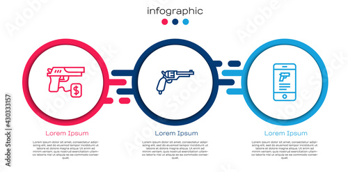 Set line Buying gun pistol, Revolver and Shop weapon mobile app. Business infographic template. Vector