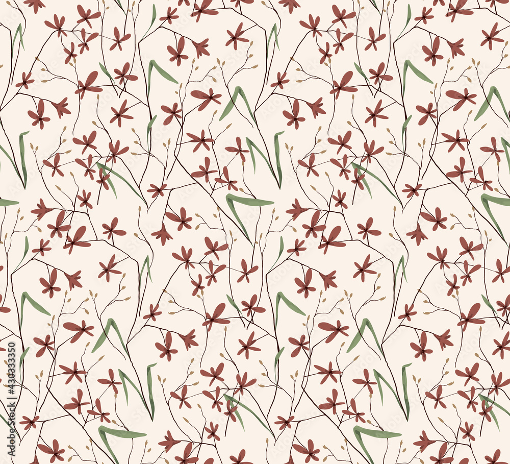 Abstract floral print with many small red flowers on a light background. Seamless pattern. Ink painting imitation, vector.
