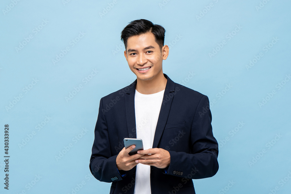 Premium Photo  Young asian man in semi-formal clothes doing open hand  gesture