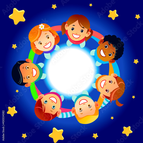 Happy children hold hands and dance in a circle. Cute boys and girls have fun on the background of stars. Cartoon vector illustration