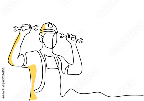 One continuous single line drawing of young man mechanic wearing hard hat and holding wrench set. Professional work job occupation minimalist concept. Happy Labour Day. Vector illustration