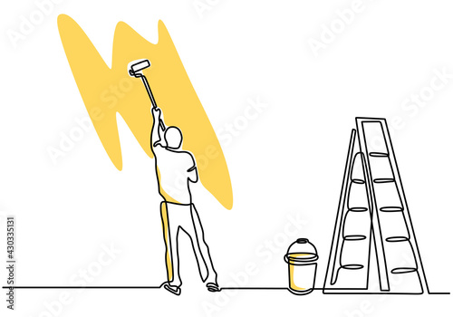 Continuous one line drawing of young handyman painting the wall using roller stick. Painter wall renovation service concept. Vector home renovation theme isolated on white background
