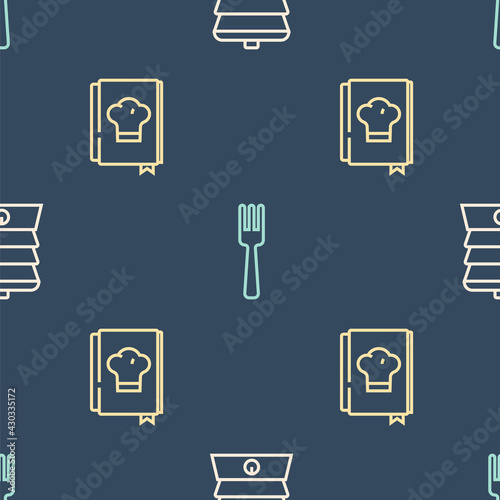 Set line Slow cooker, Cookbook and Fork on seamless pattern. Vector