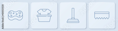 Set line Sponge, Rubber plunger, Basin with shirt and . White square button. Vector