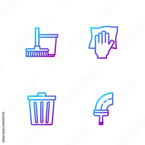 Set line Rubber cleaner for windows, Trash can, Mop and bucket and Cleaning service. Gradient color icons. Vector