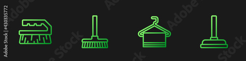 Set line Towel on hanger, Brush for cleaning, Handle broom and Rubber plunger. Gradient color icons. Vector