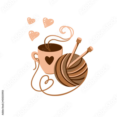 A SKEIN SINGLE POINTED NEEDLES AND CUP OF COFFE WOOL KNITTING PATTERN VECTOR ILLUSTRATION