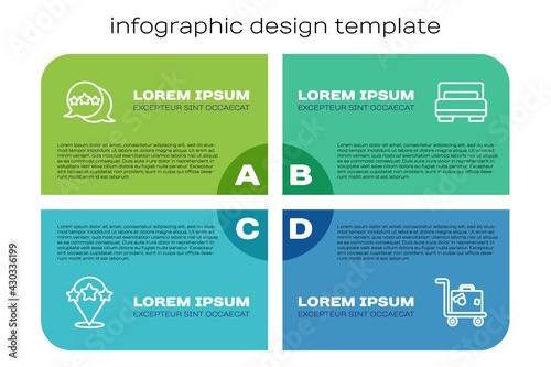 Set line Five stars rating review, , Suitcase and Hotel room bed. Business infographic template. Vector