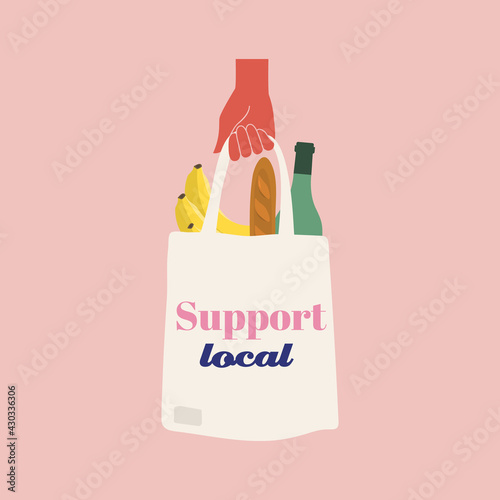 Hand holding shopping bag. Wine, bananas, baguette. Support local. Small business. Vector